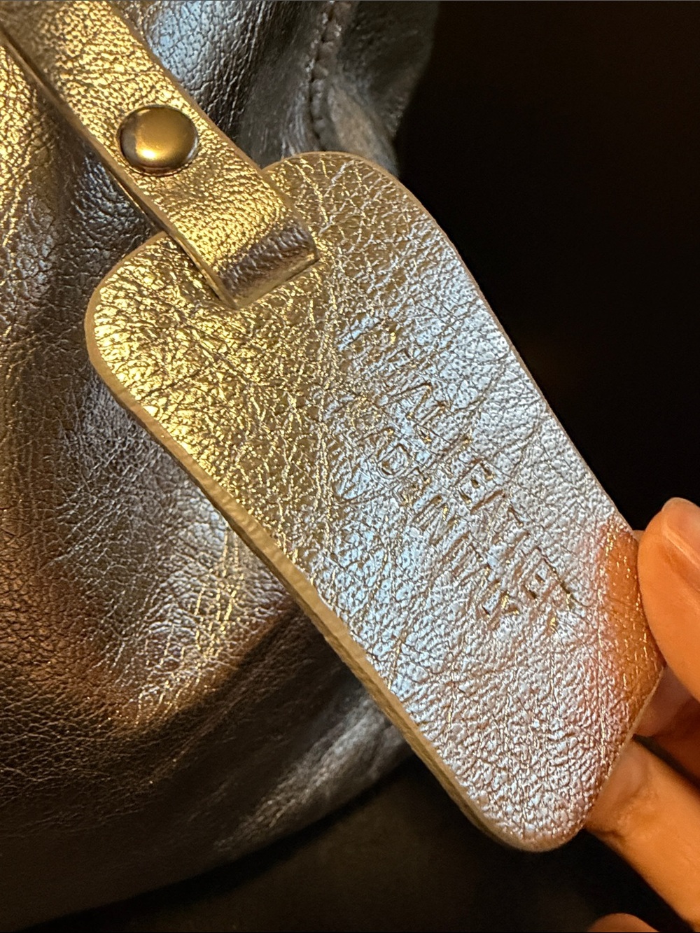 Metallic Silver Leather Tote Bag with Luggage Tag - Picture 2 of 7